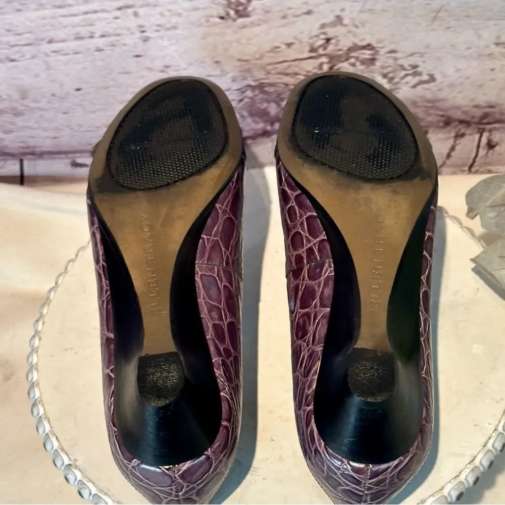Ellen Tracy Women's Burgundy Croc Embossed Bow Wedge Pumps Size 8 EUC